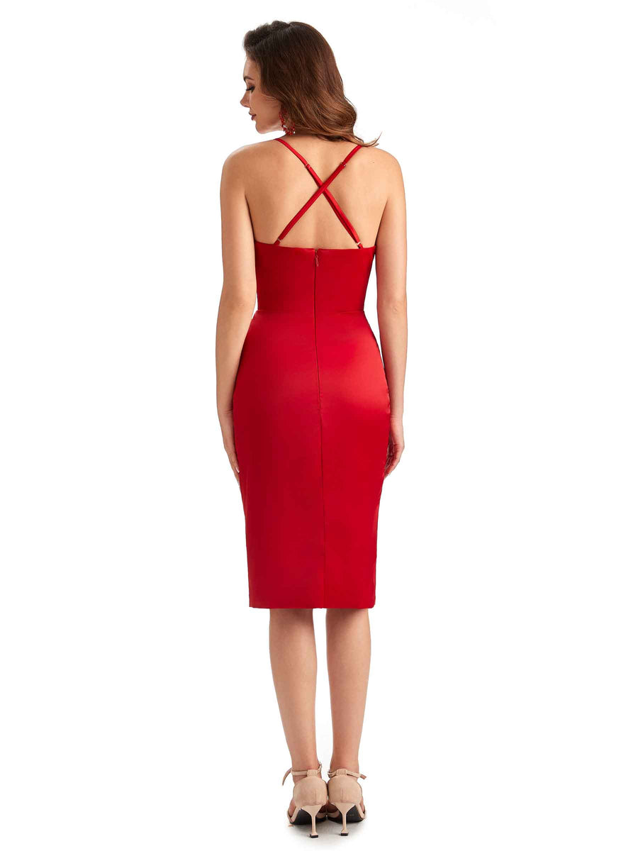 Elegant Spaghetti Straps Mermaid Soft Satin Knee Length Short Bridesmaid Dresses