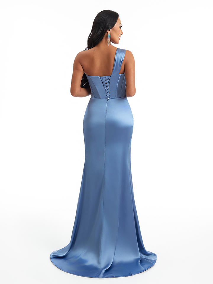 Sexy Mermaid One Shoulder Side Slit Soft Satin Long Bridesmaid Dresses Online