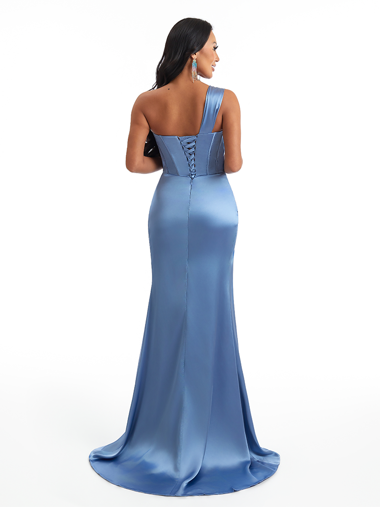 Sexy Mermaid One Shoulder Side Slit Soft Satin Long Bridesmaid Dresses Online