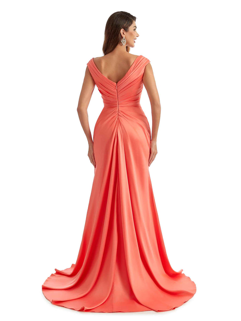 Sexy Side Split Long Satin V-neck Unique Formal Bridesmaid Dresses Online