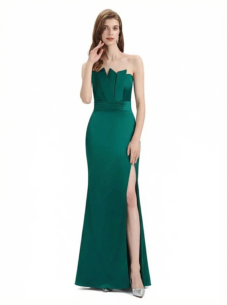 Ladies Unique Mermaid Ruched Satin Long Formal Evening Dresses Strapless Side Slit