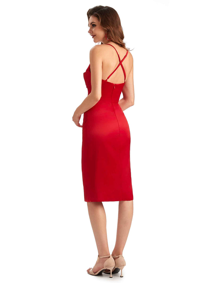 Elegant Spaghetti Straps Mermaid Soft Satin Knee Length Short Bridesmaid Dresses