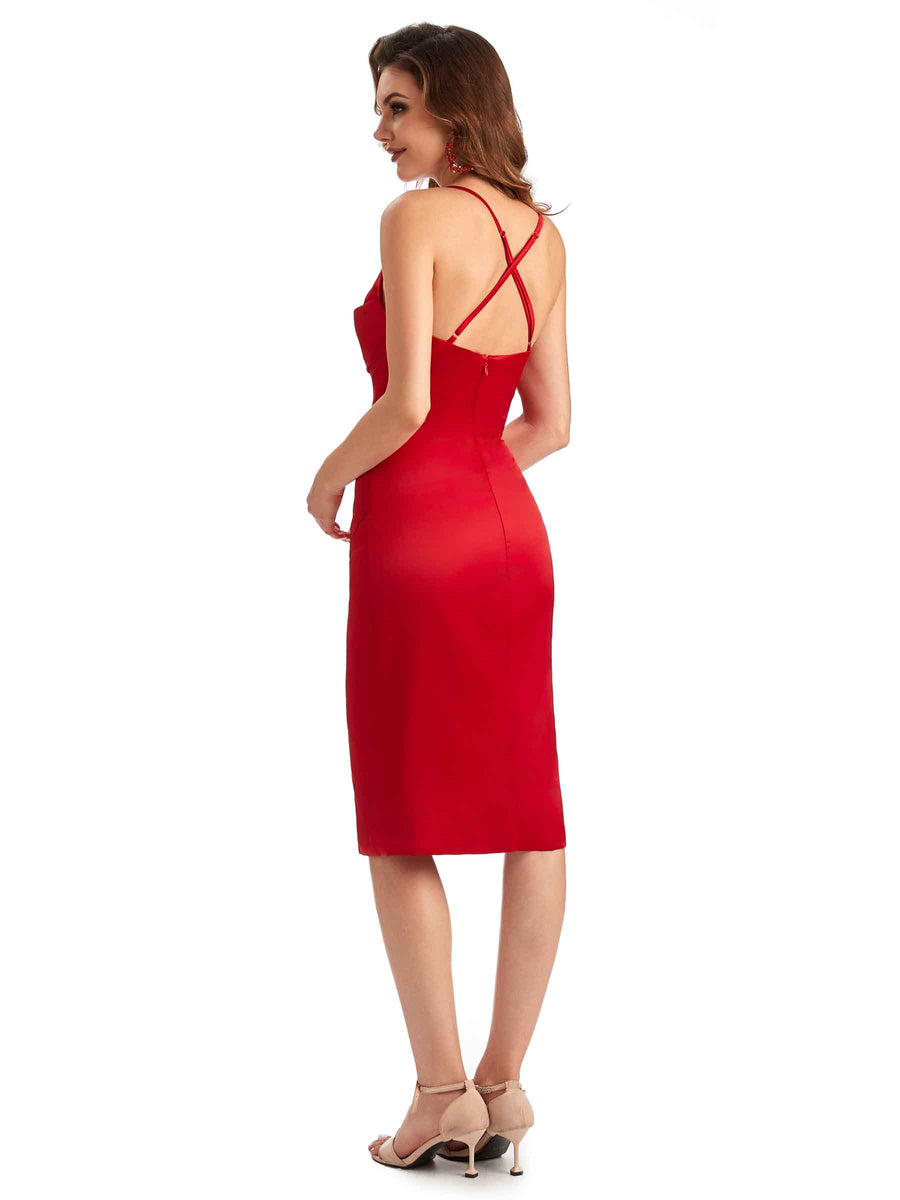 Elegant Spaghetti Straps Mermaid Soft Satin Knee Length Short Bridesmaid Dresses