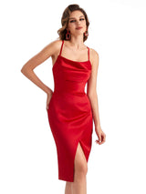 Elegant Spaghetti Straps Mermaid Soft Satin Knee Length Short Formal Evening Dresses