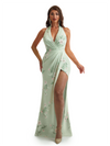 Simple Halter Side Slit Mermaid Floral Satin Maxi Floral Formal Dresses For Women