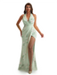 Simple Halter Side Slit Mermaid Floral Satin Maxi Floral Formal Dresses For Women