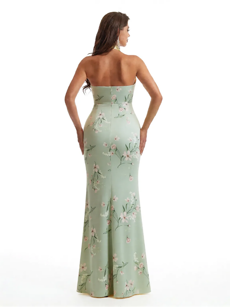 Simple Halter Side Slit Mermaid Floral Satin Maxi Floral Formal Dresses For Women