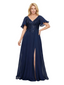 Elegant V-Neck Bell Sleeves Lace Chiffon A-line Side Slit Mother of The Bride Dresses