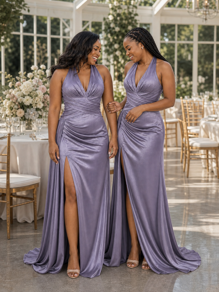 ChicSew Sexy Halter Ruching Side Slit Mermaid Soft Satin Floor-Length Bridesmaid Dresses