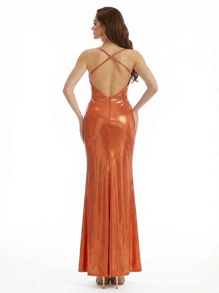 Sexy Jewel Side Slit Mermaid Metallic Shiny Fabric Long Formal Dresses