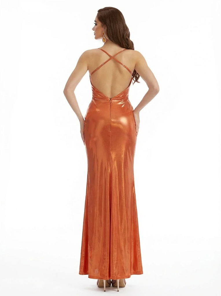 Sexy Jewel Side Slit Mermaid Metallic Shiny Fabric Long Formal Dresses
