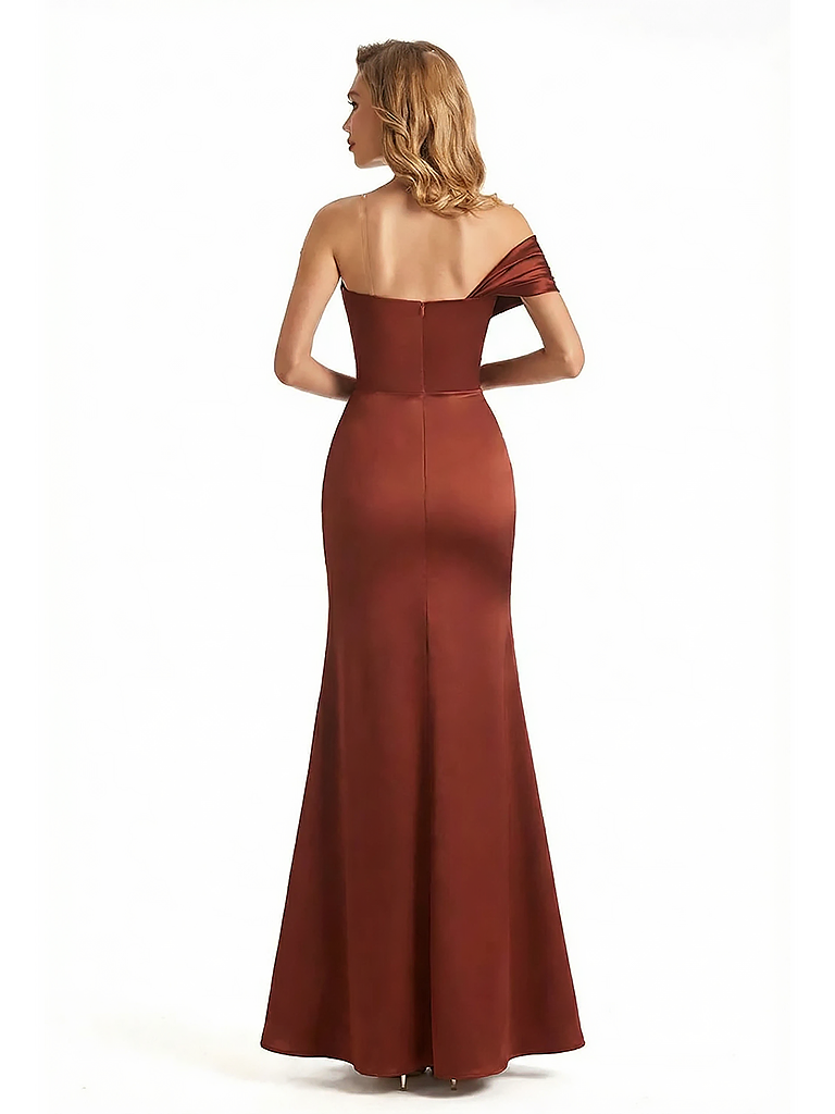 Sexy One Shoulder Ruched Silky Satin Mermaid Long Evening Dresses For Women