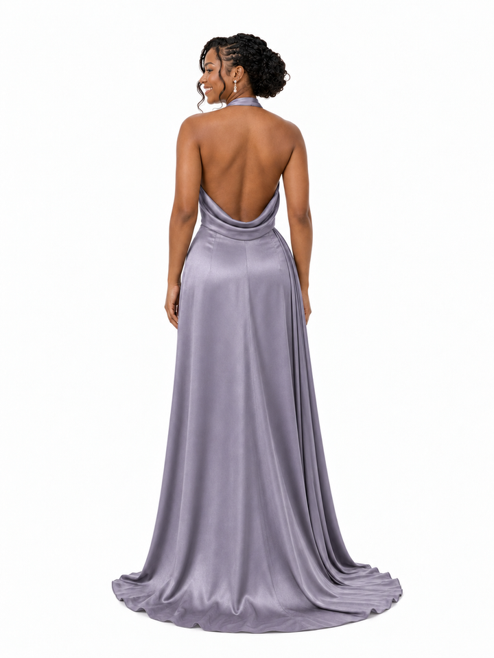 ChicSew Sexy Halter Ruching Side Slit Mermaid Soft Satin Floor-Length Bridesmaid Dresses