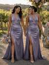 ChicSew Sexy Halter Ruching Side Slit Mermaid Soft Satin Floor-Length Bridesmaid Dresses
