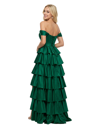 ChicSew Elegant Satin Off Shoulder Tiered Ruffle Skirt A-Line Formal Prom Dresses Slit