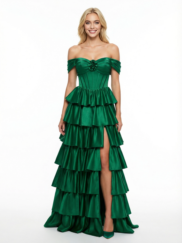 Sweet Off the Shoulder Ruffles Corset A-line Prom Dress with Slit