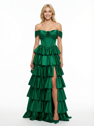 Sweet Off the Shoulder Ruffles Corset A-line Prom Dress with Slit