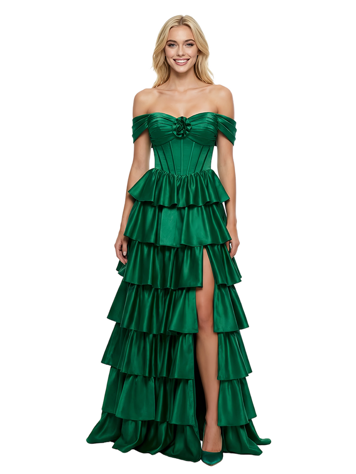 ChicSew Elegant Satin Off Shoulder Tiered Ruffle Skirt A-Line Formal Prom Dresses Slit