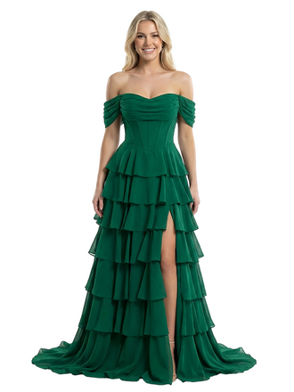 ChicSew Elegant Off Shoulder Tiered Ruffles Side Slit Chiffon Mermaid Formal Prom Dresses