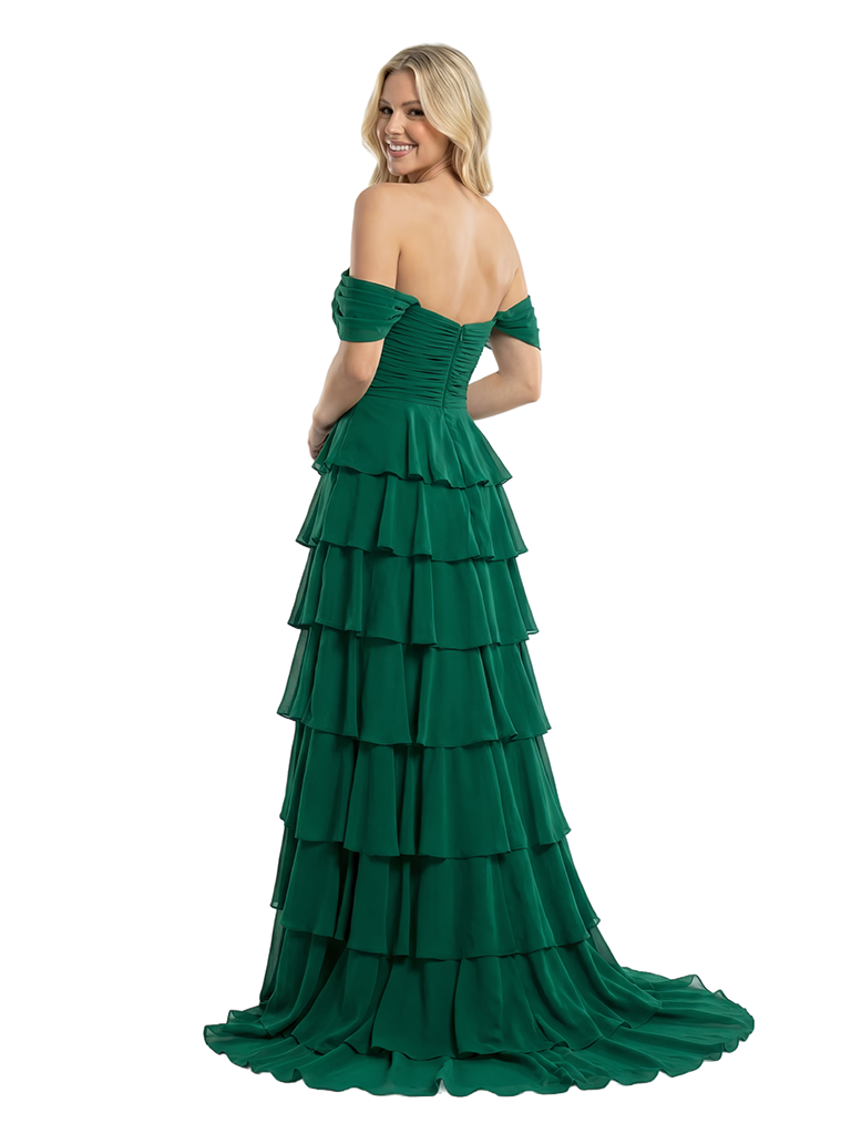 ChicSew Elegant Off Shoulder Tiered Ruffles Side Slit Chiffon Mermaid Formal Prom Dresses