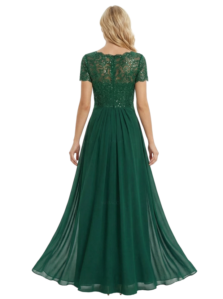 Chicsew Gorgeous Short Sleeve Mother of The Groom Dress Flowy Long Chiffon Formal Gown