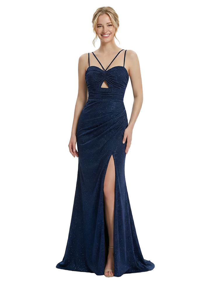 ChicSew Stylish Spaghetti Straps V-Neck Side Slit Mermaid Glitter Jersey Formal Prom Dresses