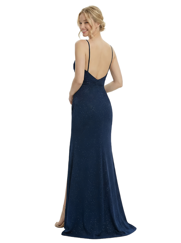 ChicSew Stylish Spaghetti Straps V-Neck Side Slit Mermaid Glitter Jersey Formal Prom Dresses