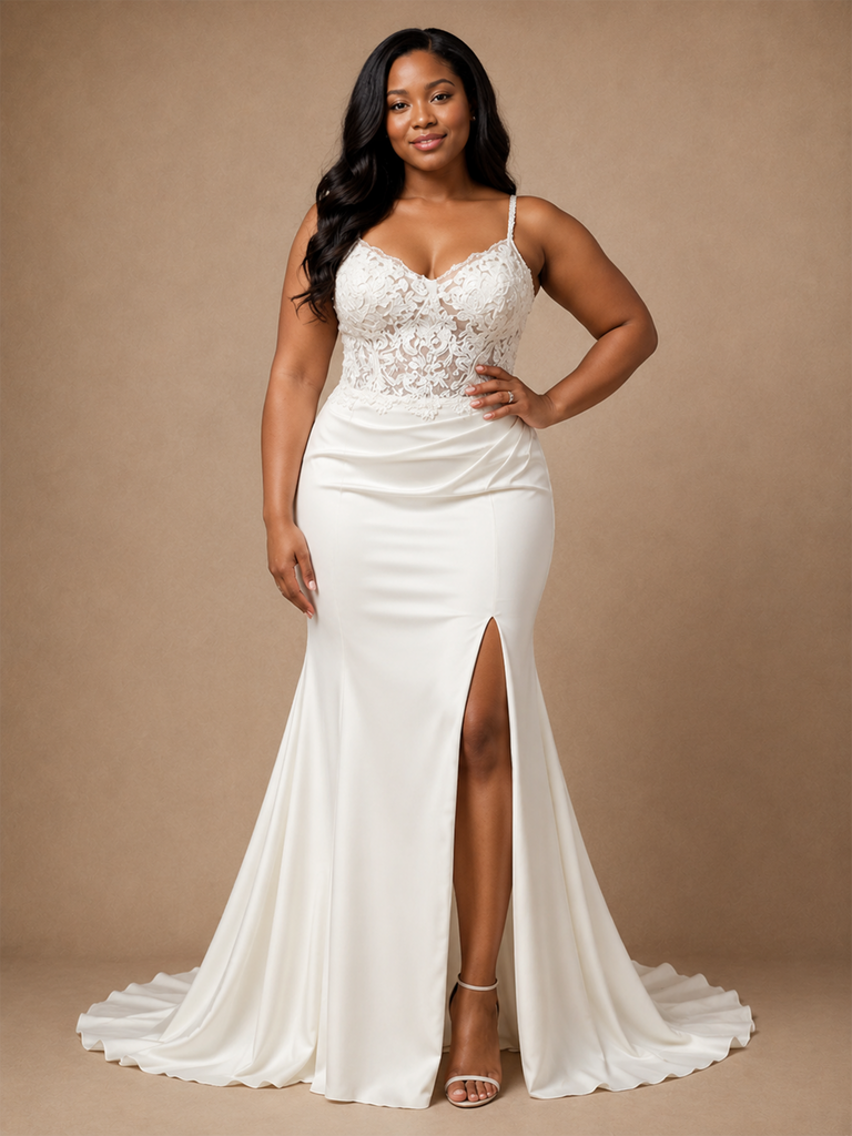 ChicSew Fancy Mermaid Spaghetti Straps Side Slit Satin Floor-Length Wedding Dress With Lace Applique