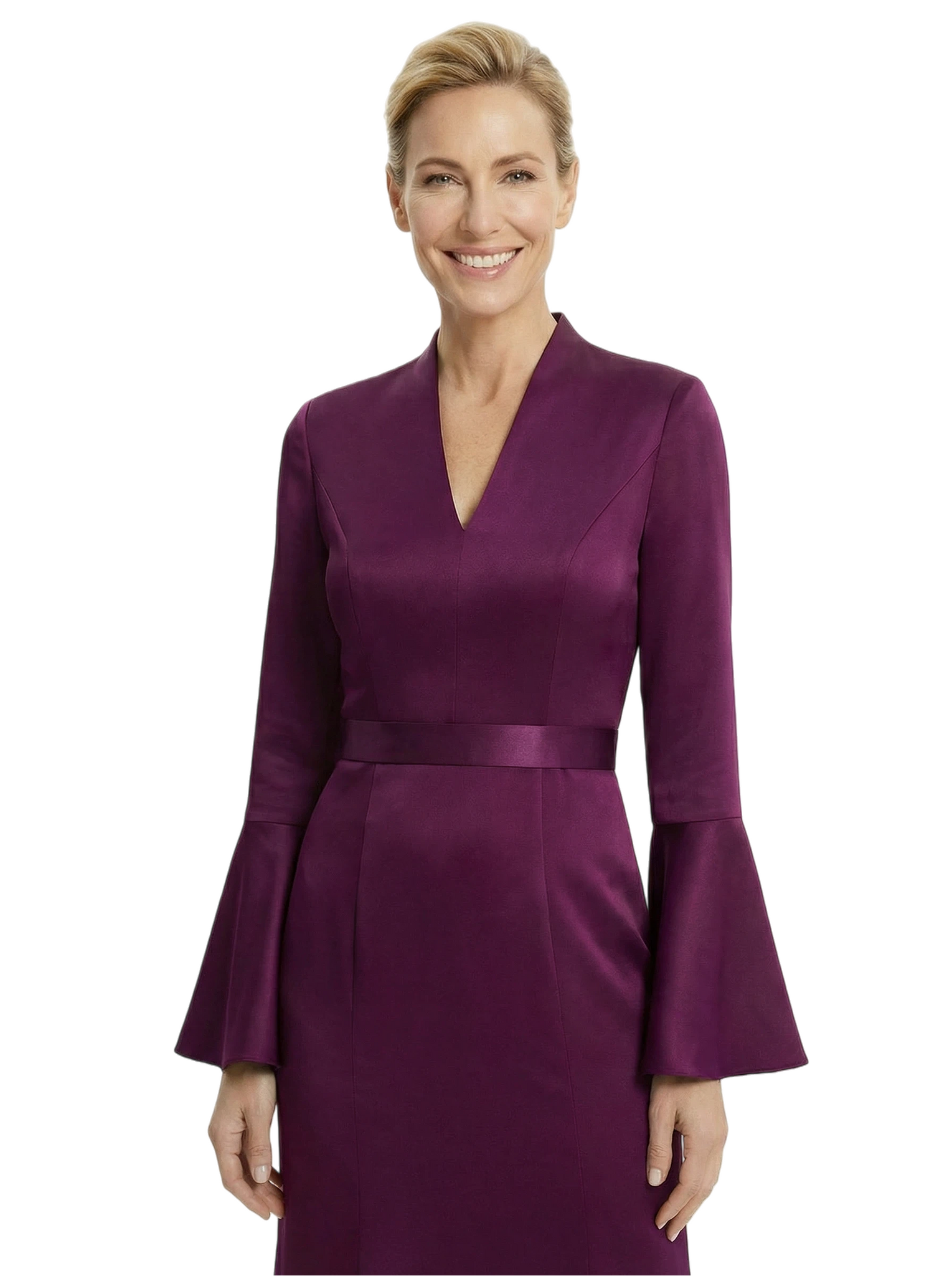 Chicsew Sophisticated V-Neck Bell Sleeve Satin Mother of The Bride Dress Long A-Line Classy Formal Gown