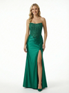 Elegant Strapless Lace Applique Corset Prom Dress with Side Slit