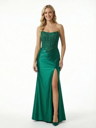 Elegant Strapless Lace Applique Corset Prom Dress with Side Slit