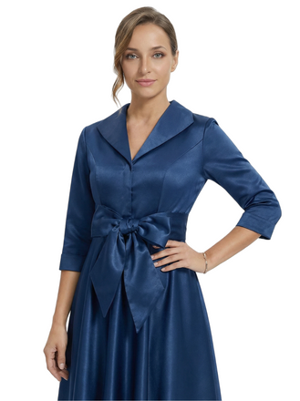 Chicsew Stylish Lapel 3/4 Sleeve Satin Mother of The Groom Dress Midi A-Line Bow Fancy Gown