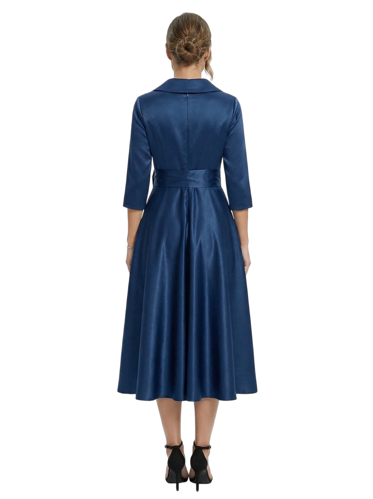Chicsew Stylish Lapel 3/4 Sleeve Satin Mother of The Groom Dress Midi A-Line Bow Fancy Gown