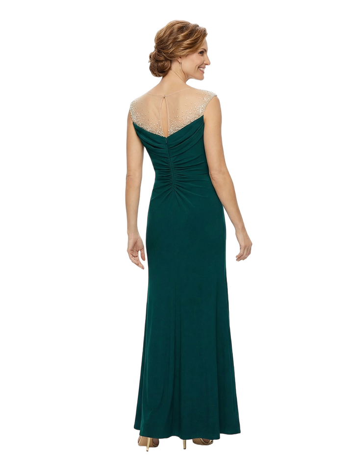 Chicsew Fancy Jersey Mother of The Groom Dress Sleeveless Beaded Illusion Trumpet Maxi Gown Sophisticated Style