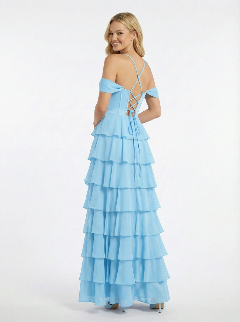 Sweet Off the Shoulder Ruffles Corset A-line Prom Dress