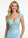 Elegant Lace Applique Corset Prom Dress with Cap Sleeves