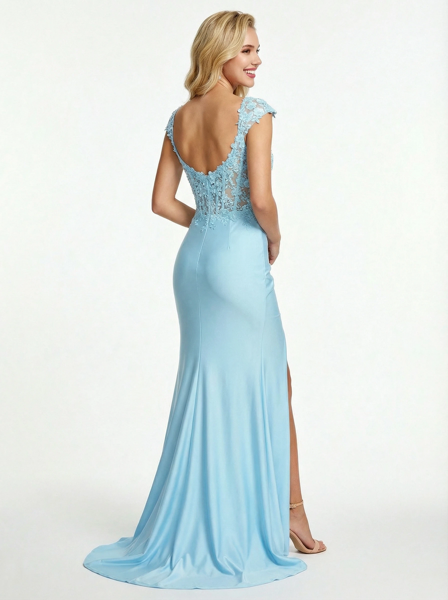 Elegant Lace Corset Cut Out Lace Mermaid Prom Dress with Cap Sleeves