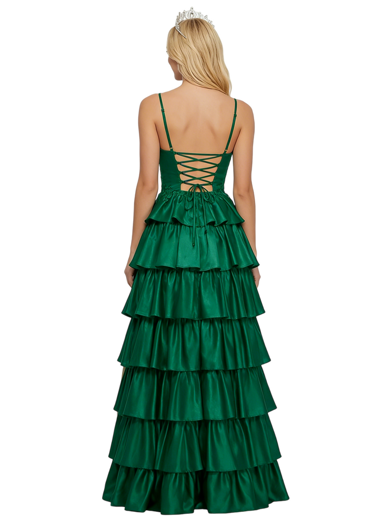 ChicSew Stunning Lace Applique Ruffles Satin A-line Prom Dress with Slit