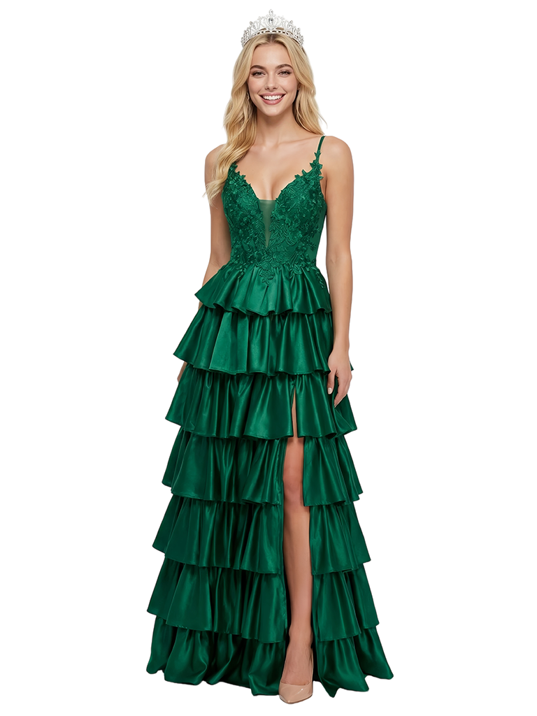 ChicSew Stunning Lace Applique Ruffles Satin A-line Prom Dress with Slit