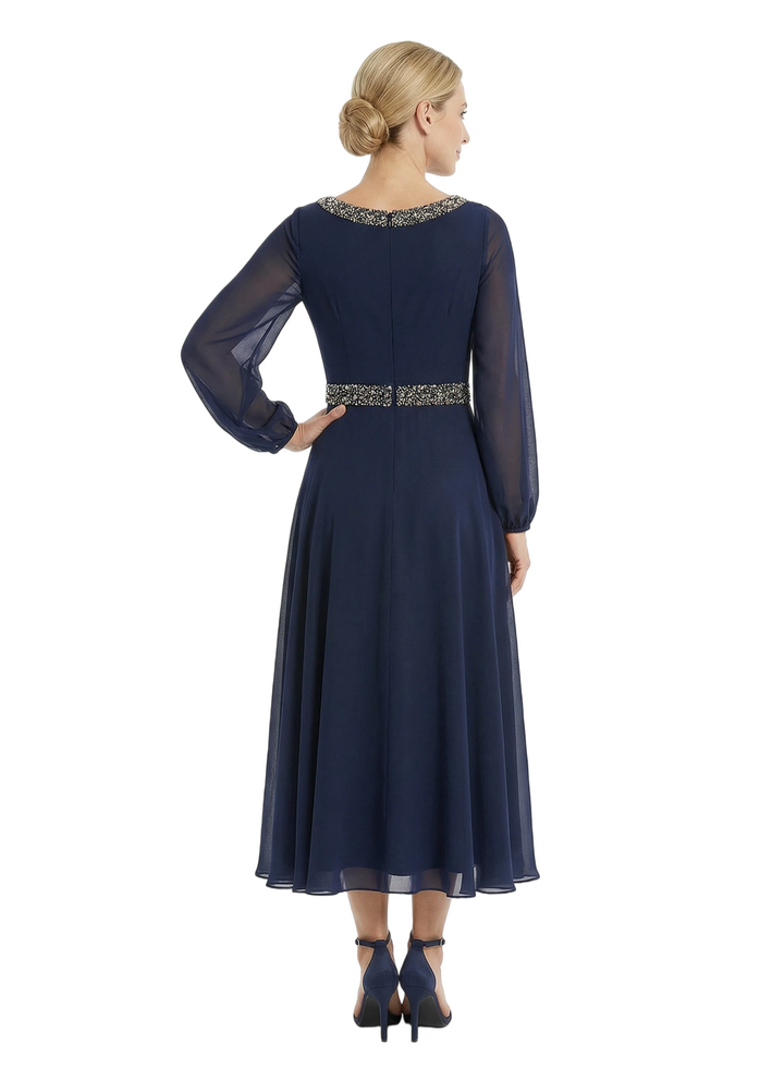 Chicsew Gorgeous Scoop Long Sleeve Chiffon Mother of The Bride Dress Midi A-Line Beaded Classy Gown