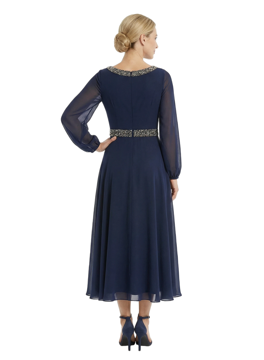 Chicsew Gorgeous Scoop Long Sleeve Chiffon Mother of The Bride Dress Midi A-Line Beaded Classy Gown