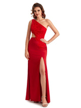 Sexy Side Slit Mermaid Lace Silky Satin One Shoulder Chic Long Evening Formal Dresses