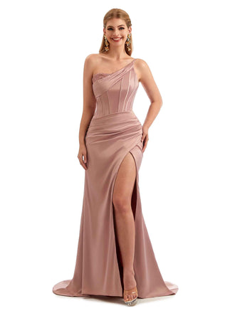 Sexy One Shoulder Side Slit Long Satin Unique Formal Bridesmaid Dresses Online