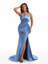 Sexy Strapless Mermaid Soft Satin Side Slit Ruched Long Bridesmaid Dresses Online
