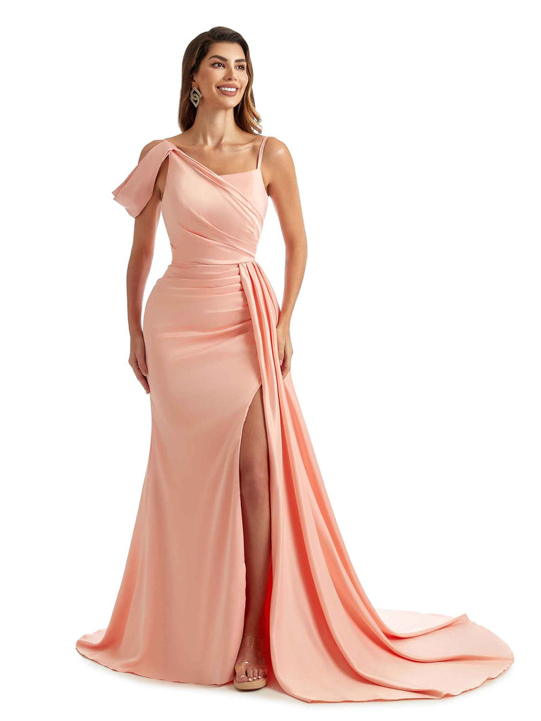 Sexy Side Split Spaghetti Straps Long Satin Unique Formal Bridesmaid Dresses Online