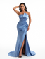 Sexy Strapless Mermaid Soft Satin Side Slit Ruched Long Bridesmaid Dresses Online