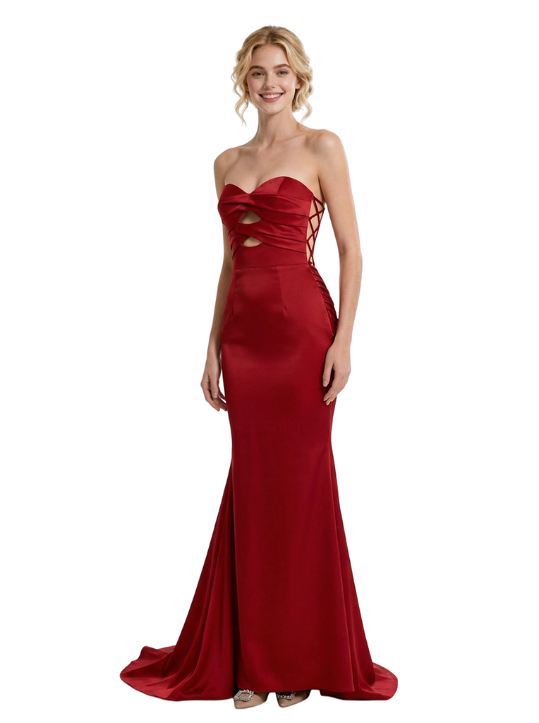 Sexy Strapless Sweetheart Ruched Lace Up Back Mermaid Satin Maxi Prom Dress