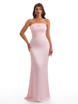 Simple Strapless Mermaid Silky Satin Long Bridesmaid Dresses With Bow Knot