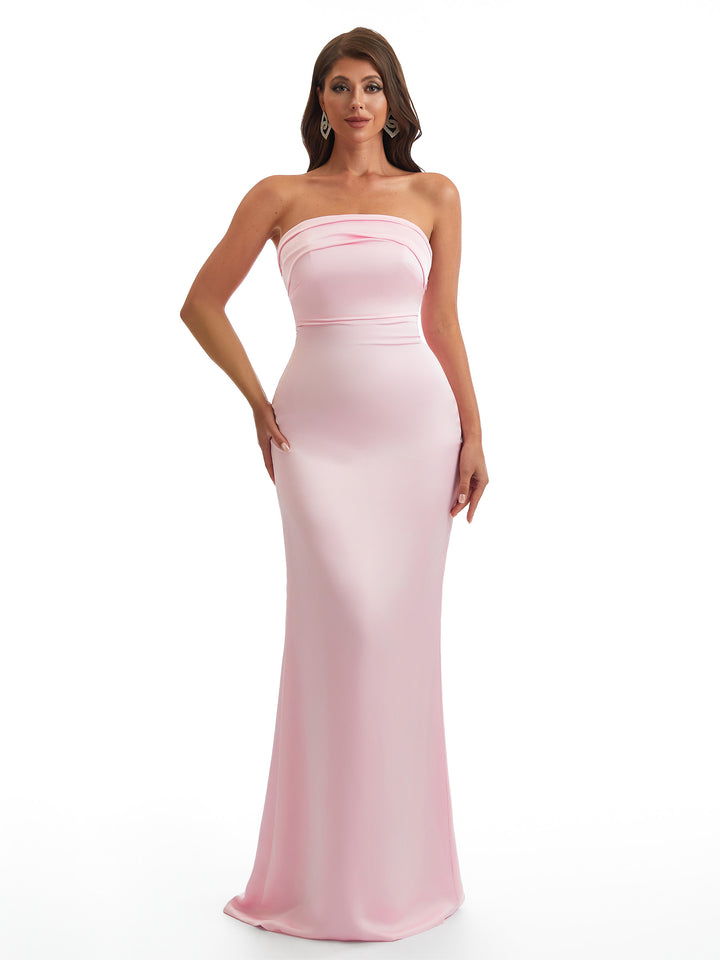 Simple Strapless Mermaid Silky Satin Long Bridesmaid Dresses With Bow Knot