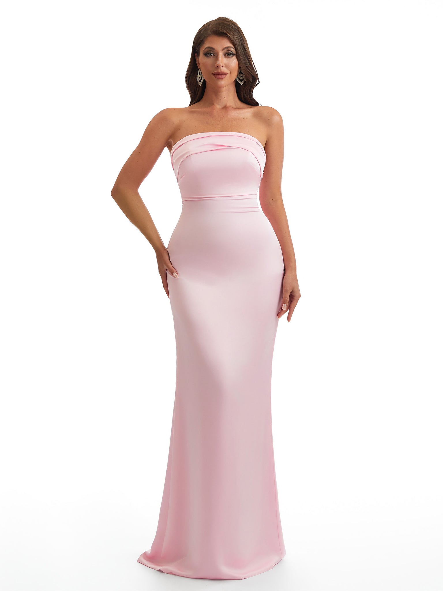 Simple Strapless Mermaid Silky Satin Long Bridesmaid Dresses With Bow Knot